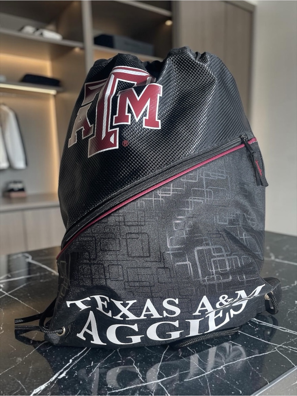 Texas A&M Black Drawstring Backpack with Maroon Accents